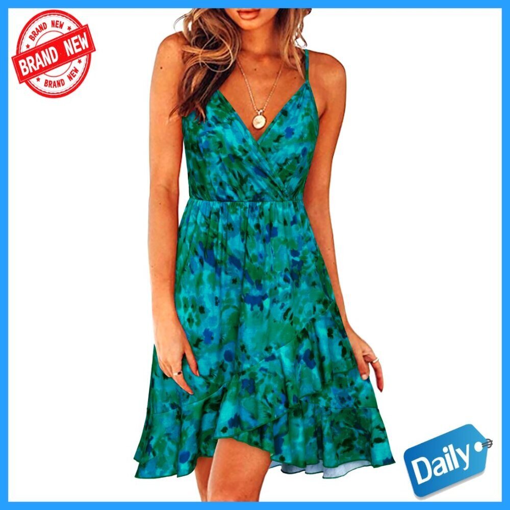 Floral Wrap Midi Dress with Spaghetti Straps and V-Neck for Summer Beach